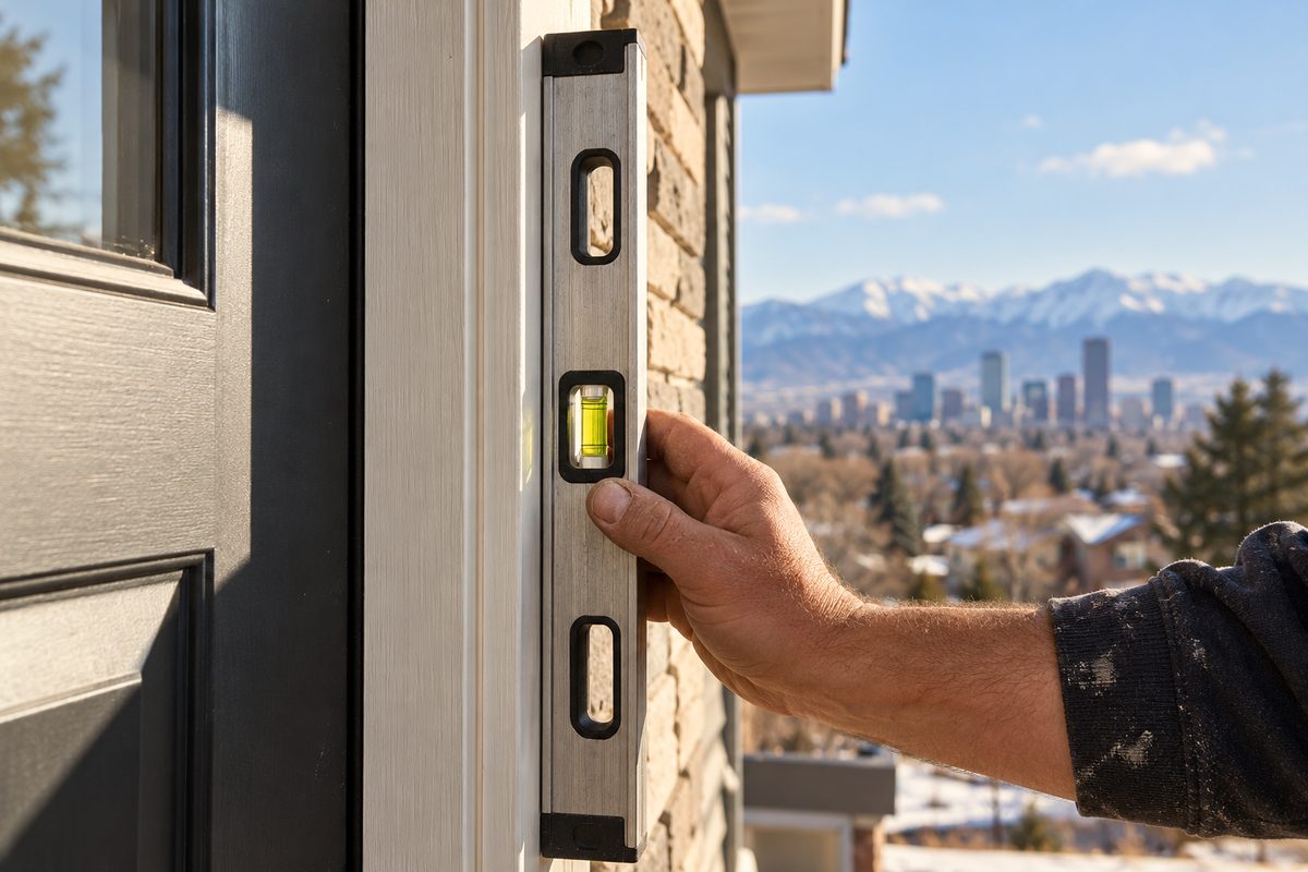 Machined spirit level verifying vertical plumb alignment on heavy timber doorway jamb.