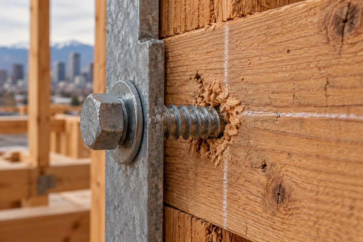 Macro close-up of structural timber fastening and steel hardware tolerances.